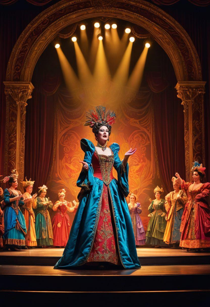 A vibrant stage scene at Mount Baker Theater showcasing a dramatic arts production with actors in colorful costumes, illuminating spotlights, and a captivated audience. The backdrop consists of elegant theater curtains and ornate decorations, infused with a sense of anticipation and excitement for the season's performances. super-realistic. vivid colors. theatrical ambiance.
