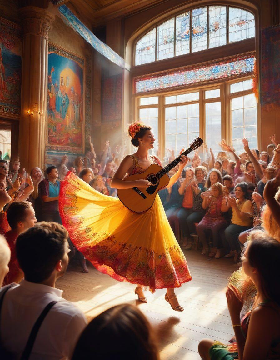 A vibrant scene showcasing a lively arts hub featuring a diverse crowd enjoying various live performances, including musicians, dancers, and actors on stage. The background should highlight colorful banners and artwork representing different cultures. Sunlight streaming through large windows creates a warm, inviting atmosphere. Include elements of excitement and engagement among the audience. super-realistic. vibrant colors. expressive details.