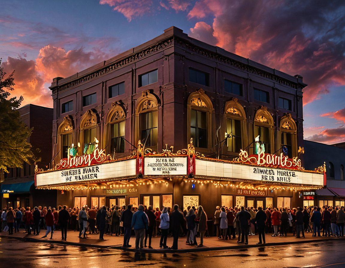 A captivating scene showcasing the exterior of Mount Baker Theater illuminated at dusk, with colorful lights glowing, an excited crowd eagerly waiting outside, and performers in costumes mingling. Include a dramatic sky with swirling clouds to evoke a sense of magic and anticipation. vibrant colors. super-realistic. cinematic.